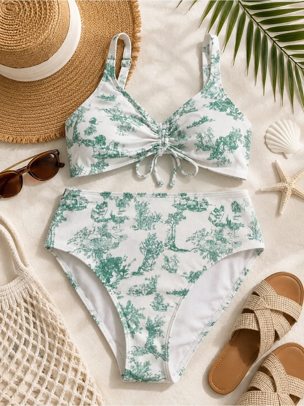 Green Toile High-Waist Bikini Set - Unbranded